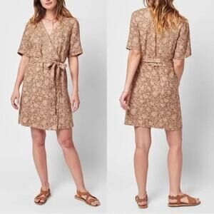 Faherty Rust Peach Floral Pattern 100% Linen Short Sleeve Wrap Dress Size XS